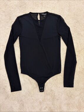 Black Long-Sleeve mesh V-Neck Bodysuit